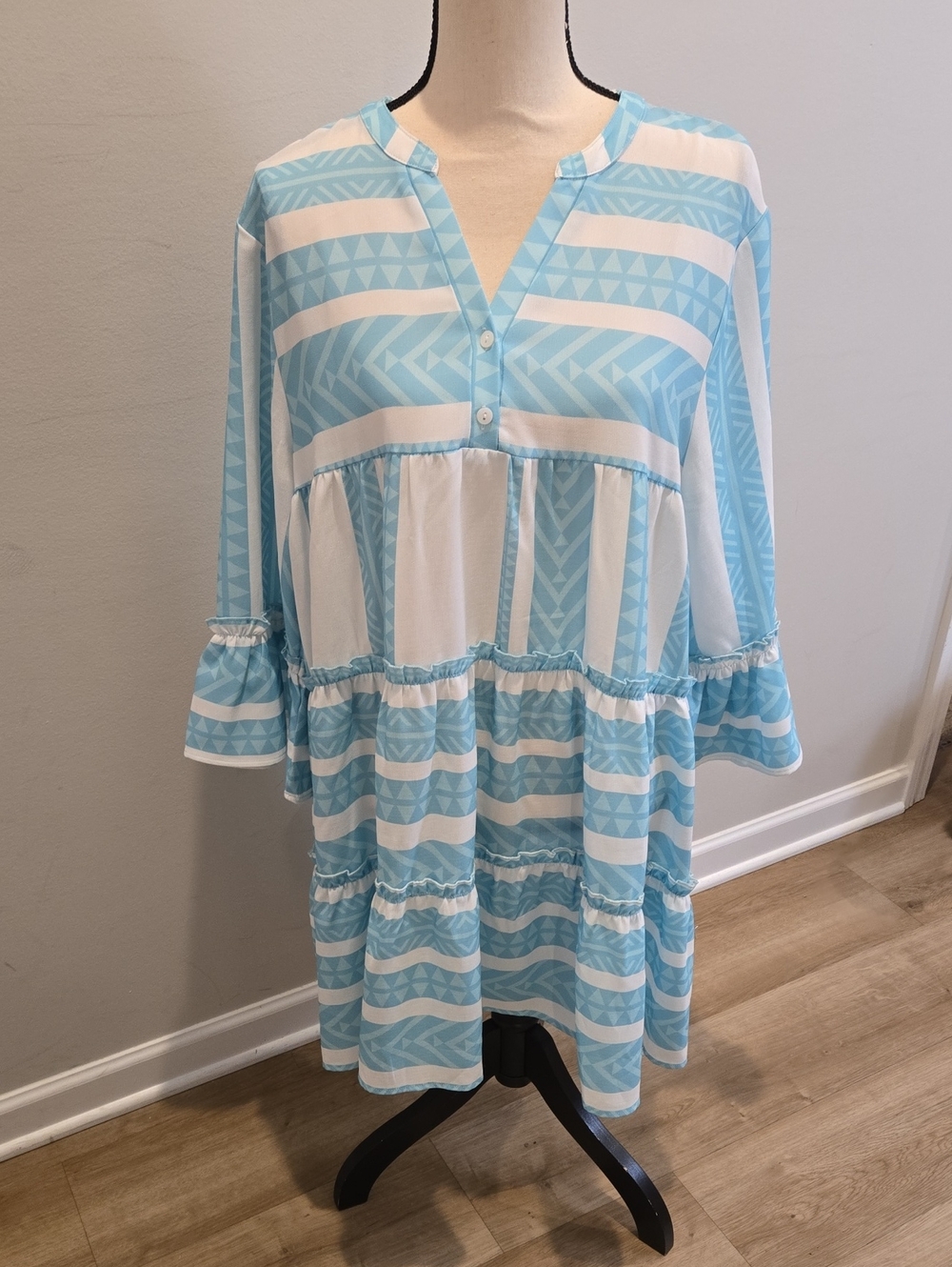 Zele Sky Blue & White Patterned Tiered V-Neck Mini Dress
